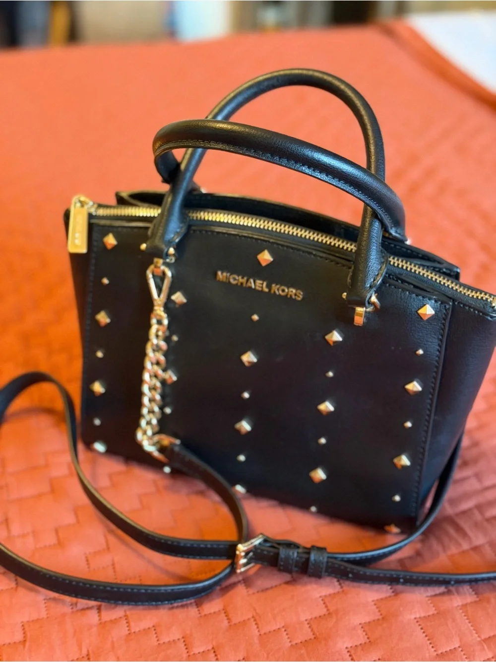 Michael Kors Black Studded Leather Satchel with Gold Chain Accent